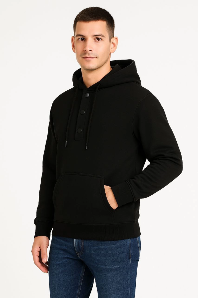 Erkek Ovarsize Kapüşonlu Swetshirt Kanguru Çepli Cıtcıtlı 3 Iplik Şardonlu Hoodie - Siyah (174163)