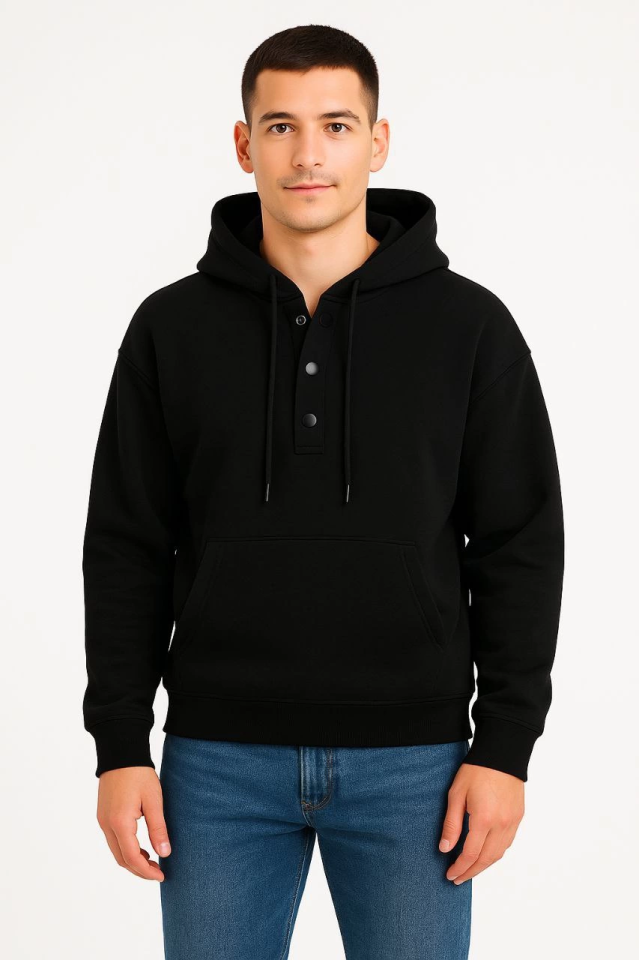 Erkek Ovarsize Kapüşonlu Swetshirt Kanguru Çepli Cıtcıtlı 3 Iplik Şardonlu Hoodie - Siyah (174163)