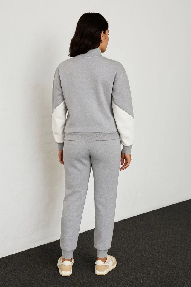 Premium Parçalı Eşofman Takım - Dik Yaka Fermuarlı Sweatshirt - Gri (174399)