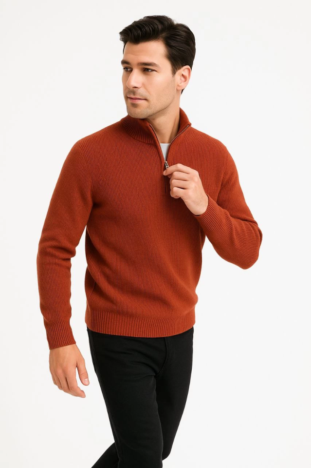 Erkek Yarım Fermuarlı Triko Kazak – Selanik Örgü, Dik Yaka, Pamuklu Dokuma, Regular Fit Uzun Kollu Kışlık Model - Kiremit (174534)