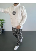 Erkek Oversize Üç İplik Kapüşonlu Sweatshirt – Beyaz Ön Baskılı, Kanguru Cepli, Rahat Kalıp, İçi Pamuklu Model (174972)