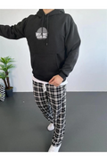 Erkek Oversize Üç İplik Kapüşonlu Sweatshirt – Siyah Sırt Ve Ön Baskılı, Kanguru Cepli, Rahat Kalıp, İçi Pamuklu ModeL-Siyah (174973)