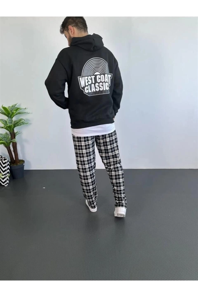 Erkek Oversize Üç İplik Kapüşonlu Sweatshirt – Siyah Sırt Ve Ön Baskılı, Kanguru Cepli, Rahat Kalıp, İçi Pamuklu ModeL-Siyah (174973)