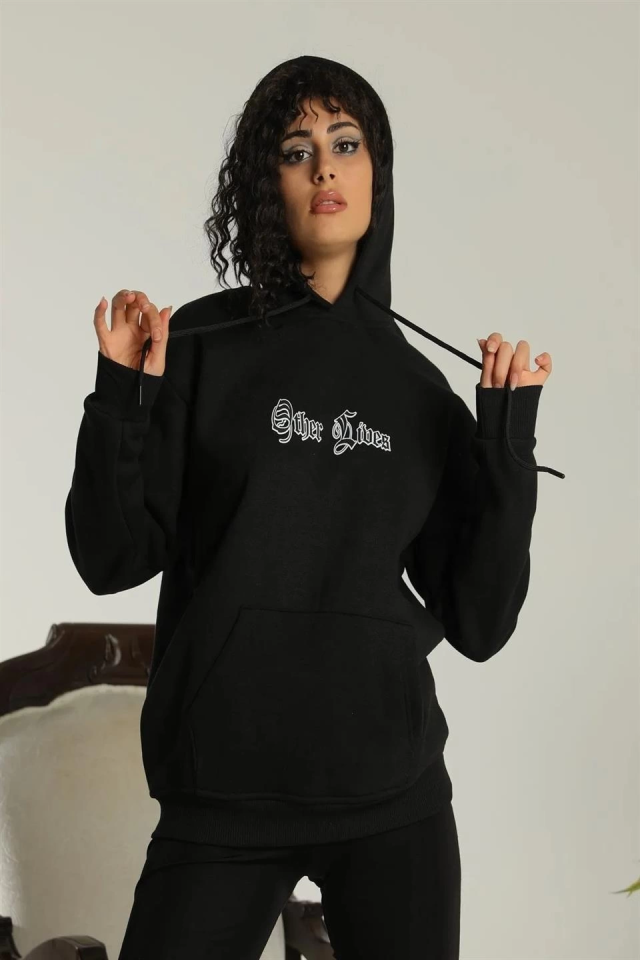 Oversize Üç İplik Kapüşonlu Sweatshirt – Siyah “Other Lives” Ön Ve Arka Baskılı, Şardonlu Kışlık, Rahat Günlük Model Siiyah (174979)