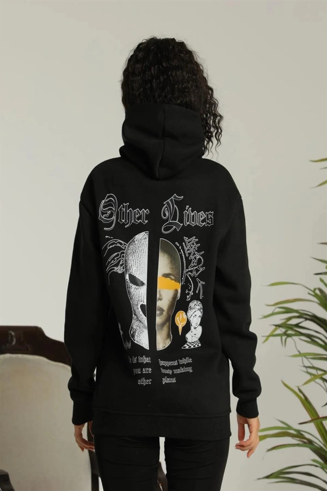 Oversize Üç İplik Kapüşonlu Sweatshirt – Siyah “Other Lives” Ön Ve Arka Baskılı, Şardonlu Kışlık, Rahat Günlük Model Siiyah (174979)