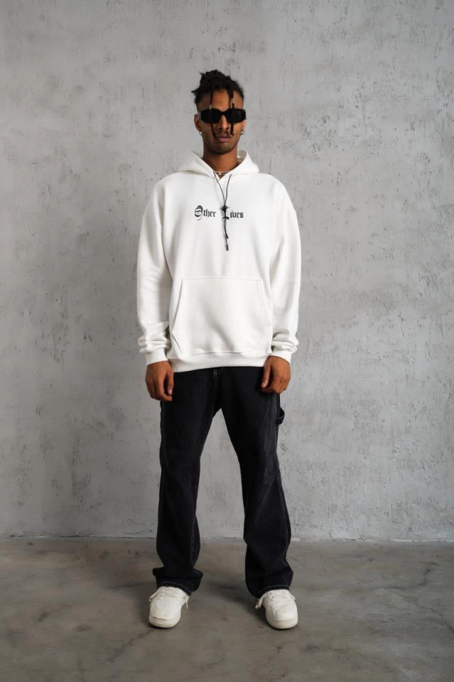 Oversize Üç İplik Şardonlu Kapüşonlu Sweatshirt – Beyaz “Other Lives” Ön Ve Arka Baskılı, Kanguru Cepli, Ribanalı Rahat Kışlık Model Beyaz (174981)