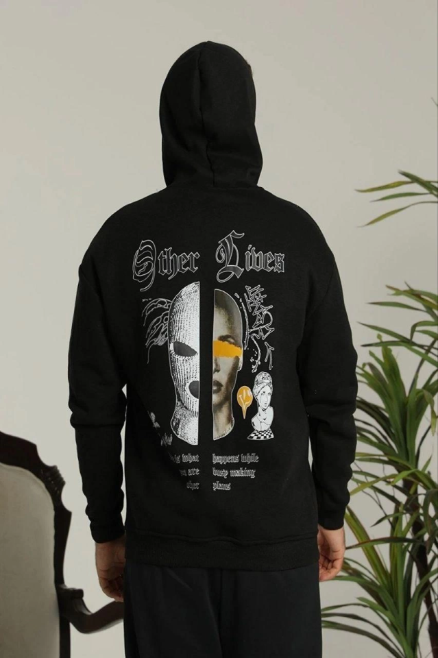Erkek Kapşonlu Sweatshirt – Oversize Üç İplik Şardonlu Hoodie, “Other Lives” Ön - Arka Baskılı, Kanguru Cepli, Kışlık Rahat Günlük Stil - Siyah (174982)