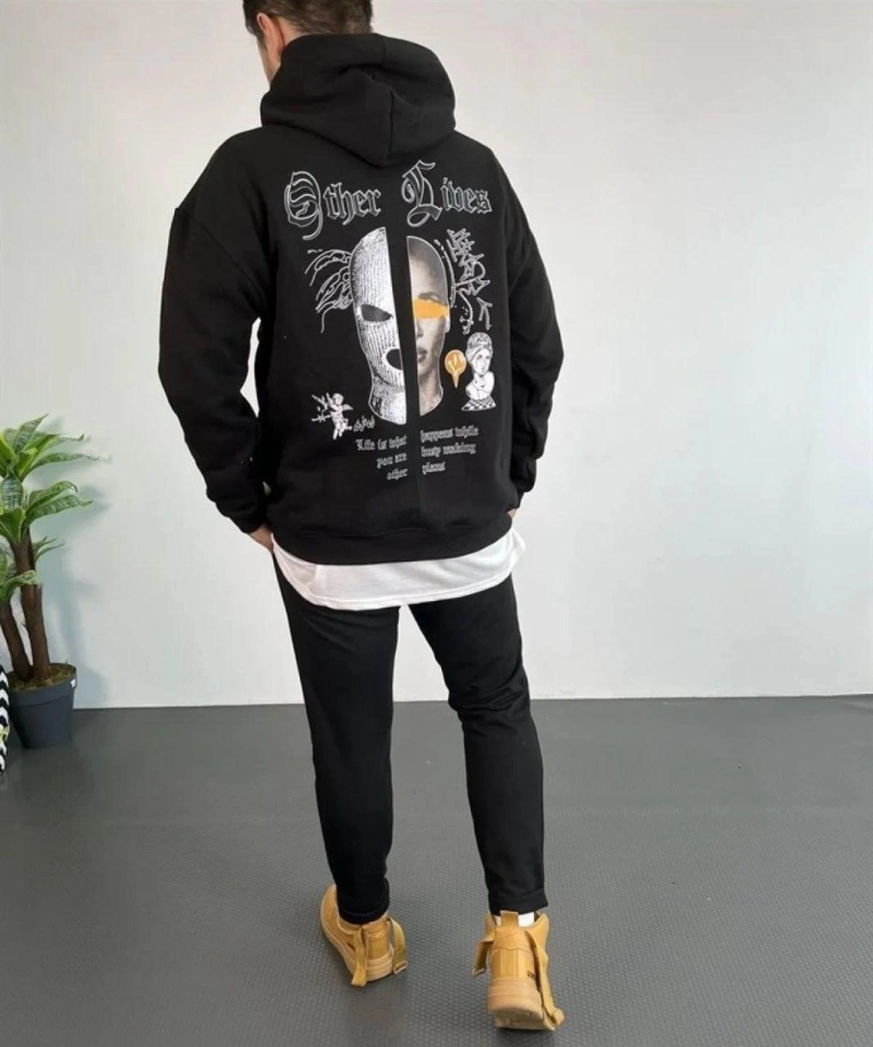 Erkek Kapşonlu Sweatshirt – Oversize Üç İplik Şardonlu Hoodie, “Other Lives” Ön - Arka Baskılı, Kanguru Cepli, Kışlık Rahat Günlük Stil - Siyah (174982)