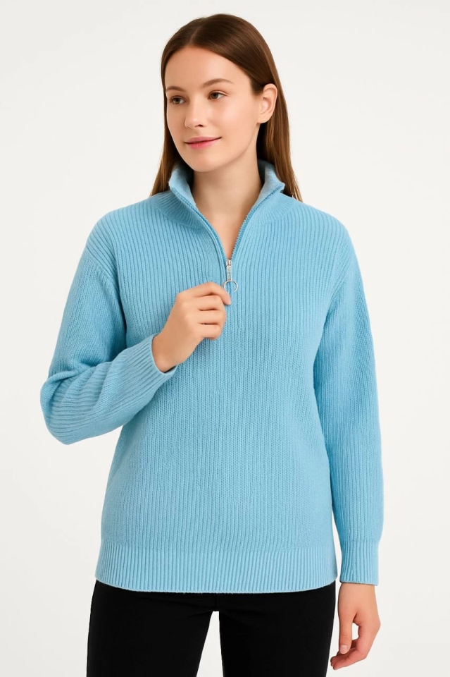 KADIN Yarım Fermuarlı Triko Kazak – Selanik Örgü, Dik Yaka, Pamuklu Dokuma, Oversize Uzun Kollu Kışlık Model - Bebe Mavisi (175136)
