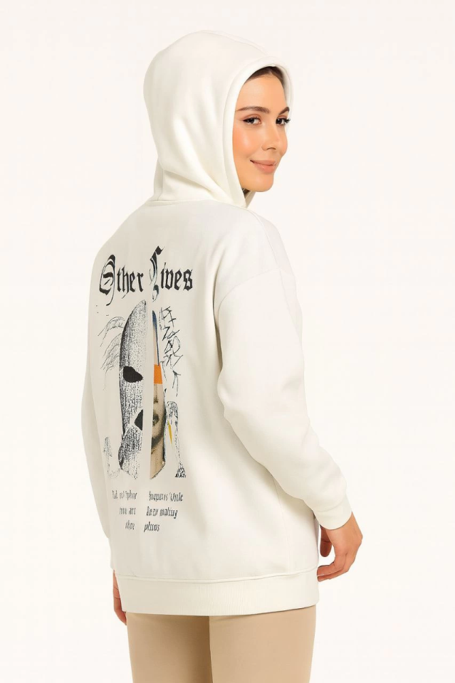 Kapşonlu Sweatshirt – Oversize Üç İplik Şardonlu Hoodie, “Other Lives” Ön - Arka Baskılı, Kanguru Cepli, Kışlık Rahat Günlük Stil - Beyaz (175368)
