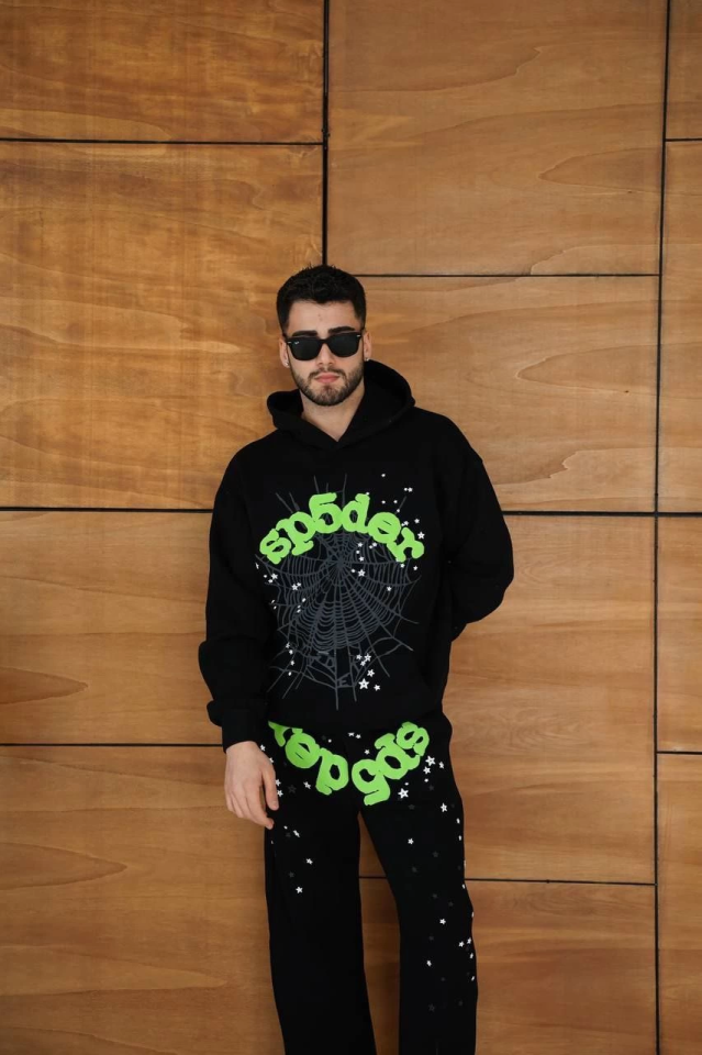 Erkek Kapüşonlu Eşofman Takım Örümcek Ağı Ve Neon Yeşil Baskılı Kanguru Cepli Oversize Rahat Kalıp, Premium Üç İplik Kumaş - Siyah (175443)
