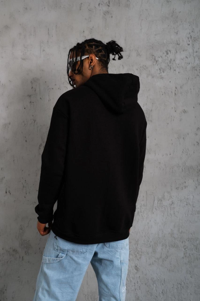 Erkek Oversize Kapüşonlu Sweatshirt – Siyah Renk Üç İplik İçi Pamuklu Kanguru Cepli Baskılı Hoodie Rahat Kalıp Kışlık Günlük Kombinlere Uygun - Siyah (175564)