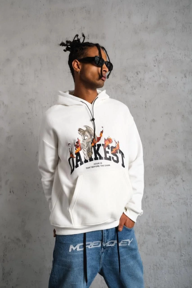 Erkek Oversize Kapüşonlu Sweatshirt – Beyaz Renk Üç İplik İçi Pamuklu Kanguru Cepli Baskılı Hoodie Rahat Kalıp Kışlık Günlük Kombinlere Uygun - Beyaz (175565)