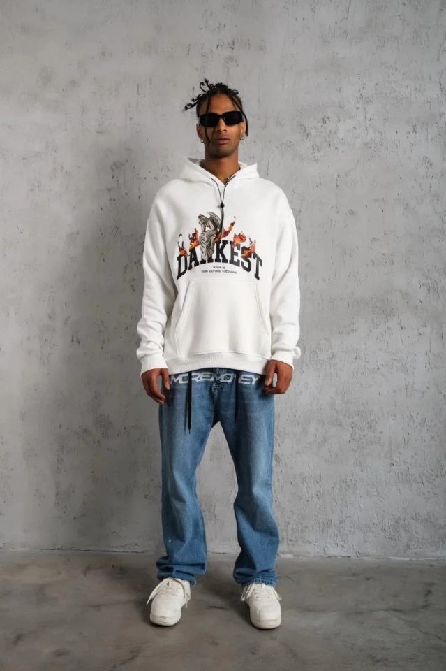 Erkek Oversize Kapüşonlu Sweatshirt – Beyaz Renk Üç İplik İçi Pamuklu Kanguru Cepli Baskılı Hoodie Rahat Kalıp Kışlık Günlük Kombinlere Uygun - Beyaz (175565)