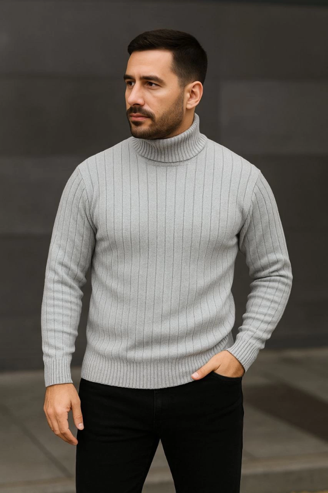 Erkek Balıkcı Yaka Bağazlı Triko Kazak Pamuklu Kalın Fitilli Dokuma, Regular Fit Uzun Kollu Kışlık Model - Gri (176113)