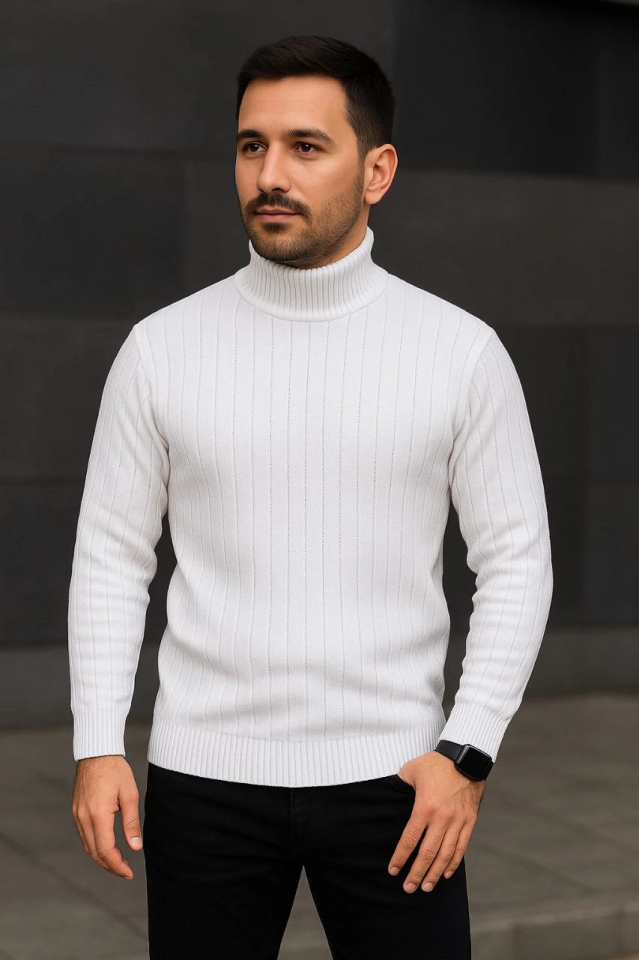 Erkek Balıkcı Yaka Bağazlı Triko Kazak Pamuklu Kalın Fitilli Dokuma, Regular Fit Uzun Kollu Kışlık Model - Beyaz (176116)