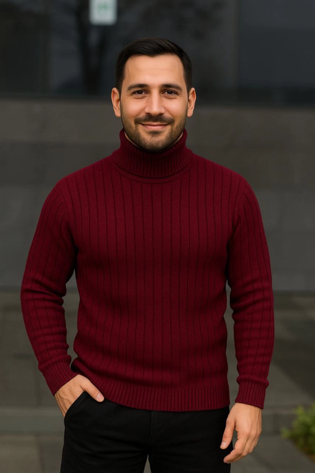 Erkek Balıkcı Yaka Bağazlı Triko Kazak Pamuklu Kalın Fitilli Dokuma, Regular Fit Uzun Kollu Kışlık Model - Bordo (176118)