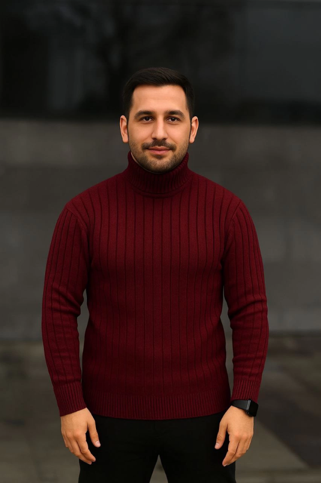 Erkek Balıkcı Yaka Bağazlı Triko Kazak Pamuklu Kalın Fitilli Dokuma, Regular Fit Uzun Kollu Kışlık Model - Bordo (176118)