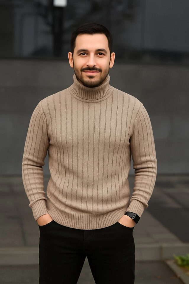 Erkek Balıkcı Yaka Bağazlı Triko Kazak Pamuklu Kalın Fitilli Dokuma, Regular Fit Uzun Kollu Kışlık Model - Bej (176119)