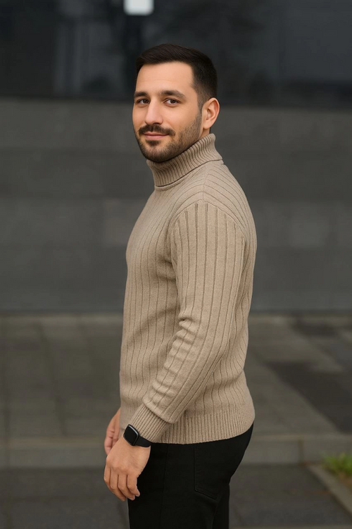 Erkek Balıkcı Yaka Bağazlı Triko Kazak Pamuklu Kalın Fitilli Dokuma, Regular Fit Uzun Kollu Kışlık Model - Bej (176119)
