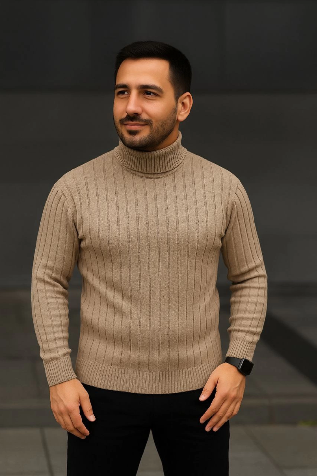 Erkek Balıkcı Yaka Bağazlı Triko Kazak Pamuklu Kalın Fitilli Dokuma, Regular Fit Uzun Kollu Kışlık Model - Bej (176119)