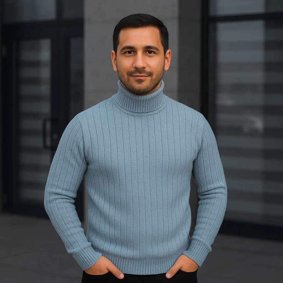 Erkek Balıkcı Yaka Bağazlı Triko Kazak Pamuklu Kalın Fitilli Dokuma, Regular Fit Uzun Kollu Kışlık Model - Bebe Mavisi (176120)