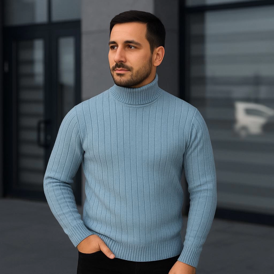 Erkek Balıkcı Yaka Bağazlı Triko Kazak Pamuklu Kalın Fitilli Dokuma, Regular Fit Uzun Kollu Kışlık Model - Bebe Mavisi (176120)