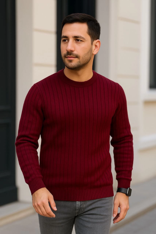 Erkek Bisiklet Yuvarlak Yaka Triko Kazak Pamuklu Kalın Fitilli Dokuma, Regular Fit Uzun Kollu Kışlık Model - Bordo (176171)