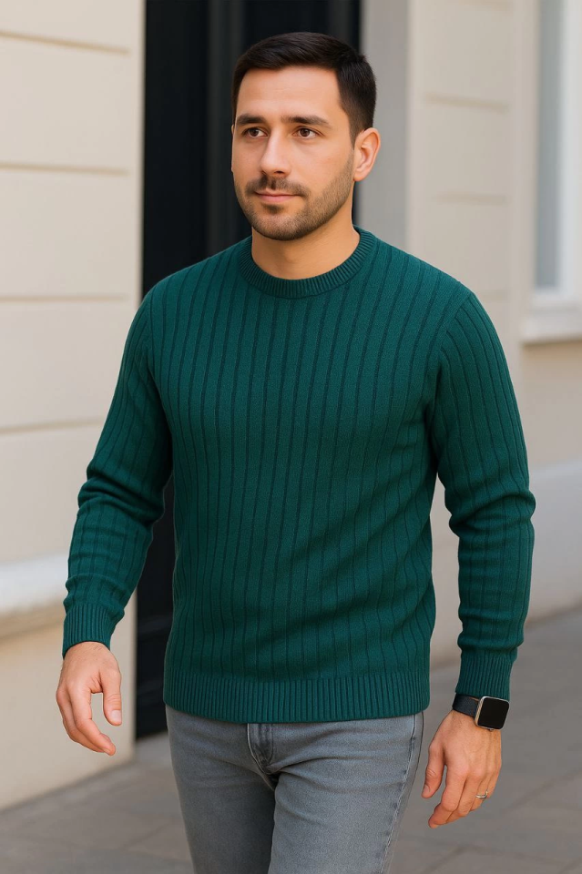 Erkek Bisiklet Yuvarlak Yaka Triko Kazak Pamuklu Kalın Fitilli Dokuma, Regular Fit Uzun Kollu Kışlık Model - Haki (176173)