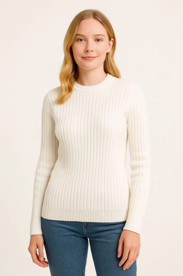 Bisiklet Yuvarlak Yaka Triko Kazak Pamuklu Kalın Fitilli Dokuma, Regular Fit Uzun Kollu Kışlık Model - Beyaz (176180)