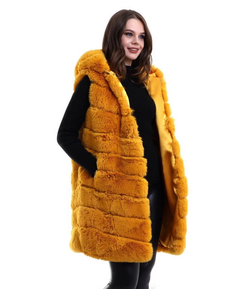 Kapşonlu Peluş Kürk Yelek Premium Kalite, Tam Astarlı, Uzun Model - Sarı (176184)