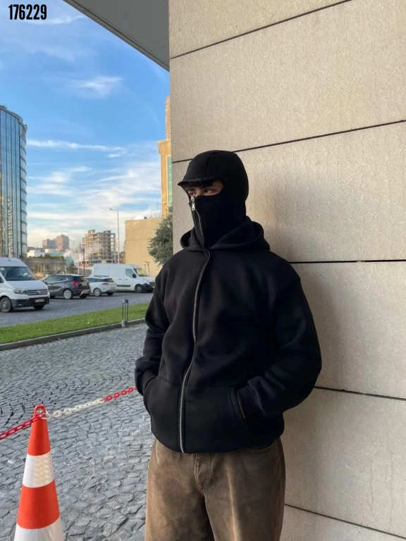 Samuray Ninja Çift Kapşonlu ZIP Fermuarlı Kanguru Çepli Tam Fermuarlı Hoodie Swetshirt Siyah