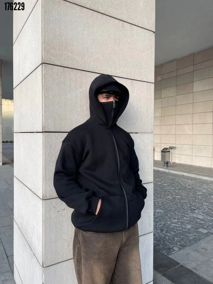 Samuray Ninja Çift Kapşonlu ZIP Fermuarlı Kanguru Çepli Tam Fermuarlı Hoodie Swetshirt Siyah