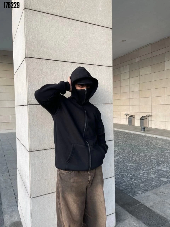 Samuray Ninja Çift Kapşonlu ZIP Fermuarlı Kanguru Çepli Tam Fermuarlı Hoodie Swetshirt Siyah