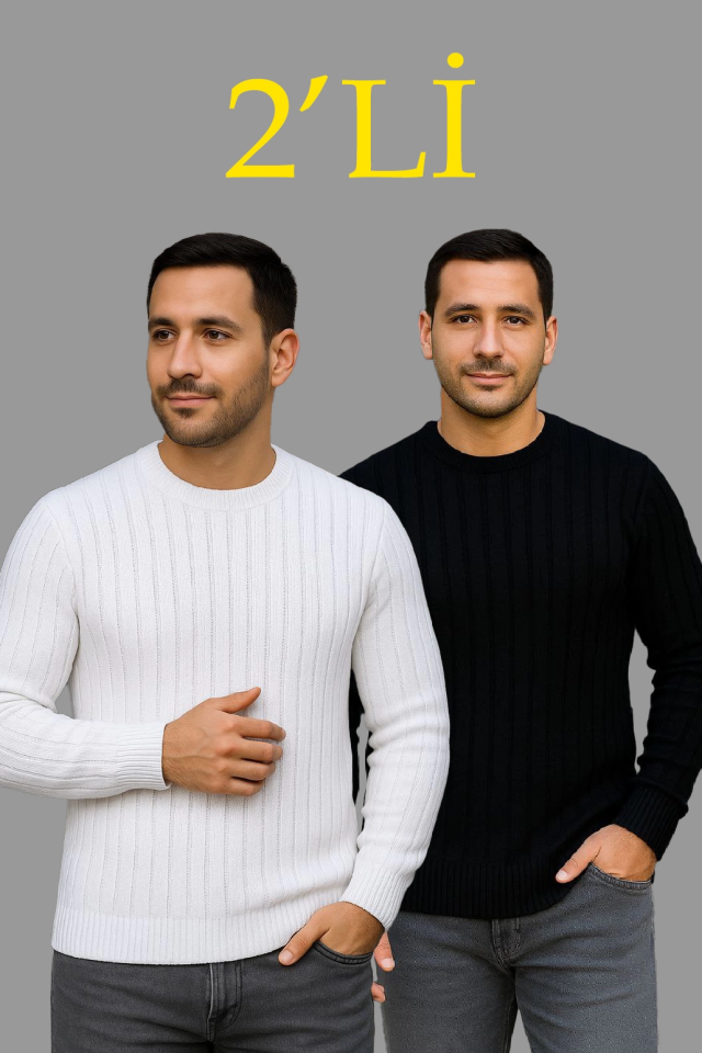 Erkek Fitilli Triko Kazak 2’li Set – Siyah - Beyaz, Kalın Dokuma Pamuklu Regular Fit Bisiklet Yaka Uzun Kollu Rahat Kışlık Kazak Kombini (176233)