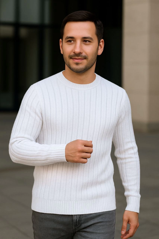 Erkek Fitilli Triko Kazak 2’li Set – Siyah - Beyaz, Kalın Dokuma Pamuklu Regular Fit Bisiklet Yaka Uzun Kollu Rahat Kışlık Kazak Kombini (176233)