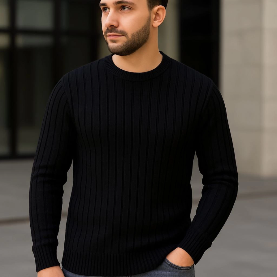 Erkek Fitilli Triko Kazak 2’li Set – Siyah - Beyaz, Kalın Dokuma Pamuklu Regular Fit Bisiklet Yaka Uzun Kollu Rahat Kışlık Kazak Kombini (176233)