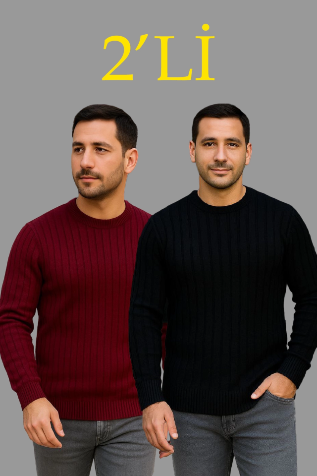 Erkek Fitilli Triko Kazak 2’li Set – Siyah - Bordo, Kalın Dokuma Pamuklu Regular Fit Bisiklet Yaka Uzun Kollu Rahat Kışlık Kazak Kombini (176235)