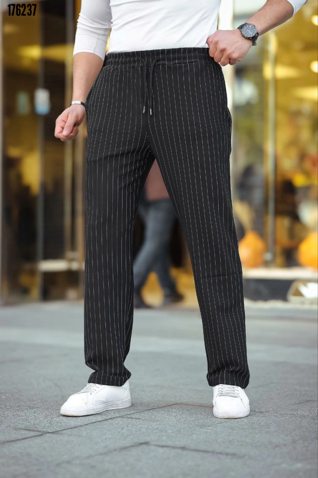 Erkek çizgili krep jogger pantolon siyah - yan