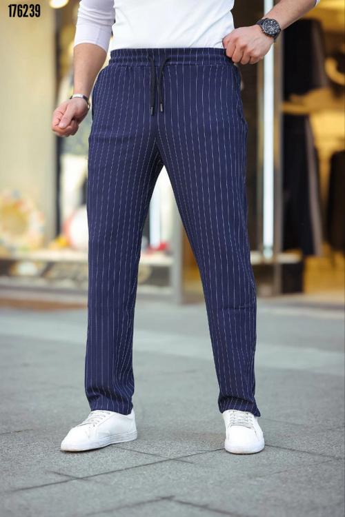 Erkek çizgili krep jogger pantolon lacivert - detay
