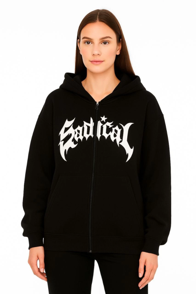 Oversize Kapüşonlu Sweatshirt  Hoodie 3 İplik Şardonlu Pamuklu Kumaş, Önü Baskılı, Fermuarlı Rahat Kalıp, Kışlık Ve Sokak Stili Sweat - Siyah (176486)