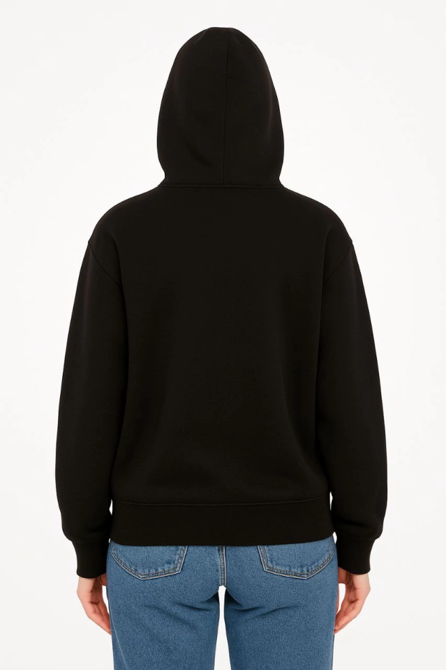 Oversize Kapüşonlu Sweatshirt  Hoodie 3 İplik Şardonlu Pamuklu Kumaş, Önü Baskılı, Fermuarlı Rahat Kalıp, Kışlık Ve Sokak Stili Sweat - Siyah (176486)