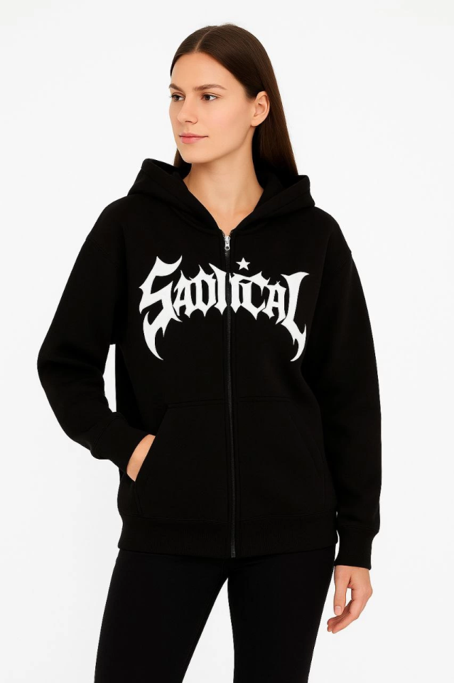 Oversize Kapüşonlu Sweatshirt  Hoodie 3 İplik Şardonlu Pamuklu Kumaş, Önü Baskılı, Fermuarlı Rahat Kalıp, Kışlık Ve Sokak Stili Sweat - Siyah (176486)