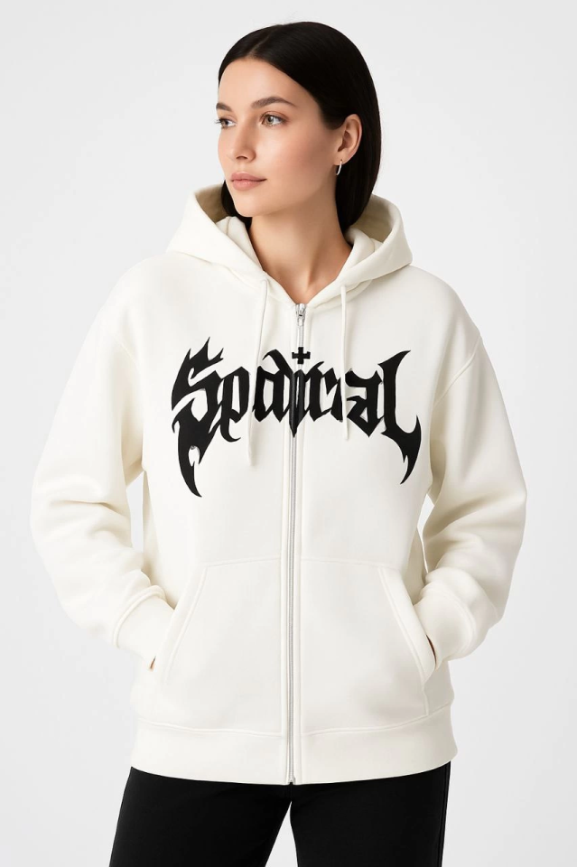 Oversize Kapüşonlu Sweatshirt Hoodie 3 İplik Şardonlu Pamuklu Kumaş, Önü Baskılı, Fermuarlı Rahat Kalıp, Kışlık Ve Sokak Stili Sweat - Beyaz (176487)