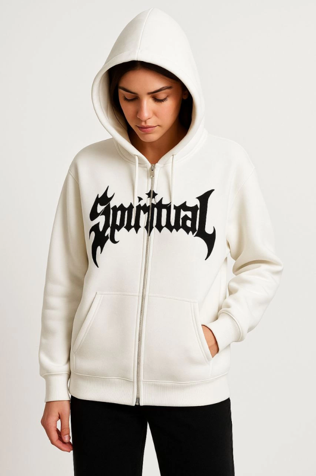 Oversize Kapüşonlu Sweatshirt Hoodie 3 İplik Şardonlu Pamuklu Kumaş, Önü Baskılı, Fermuarlı Rahat Kalıp, Kışlık Ve Sokak Stili Sweat - Beyaz (176487)