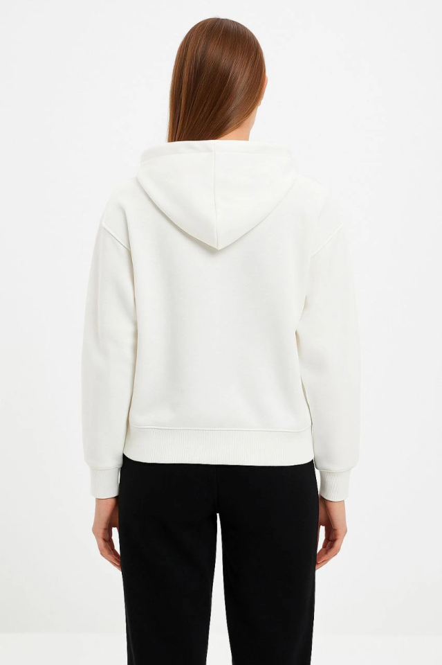Oversize Kapüşonlu Sweatshirt Hoodie 3 İplik Şardonlu Pamuklu Kumaş, Önü Baskılı, Fermuarlı Rahat Kalıp, Kışlık Ve Sokak Stili Sweat - Beyaz (176487)