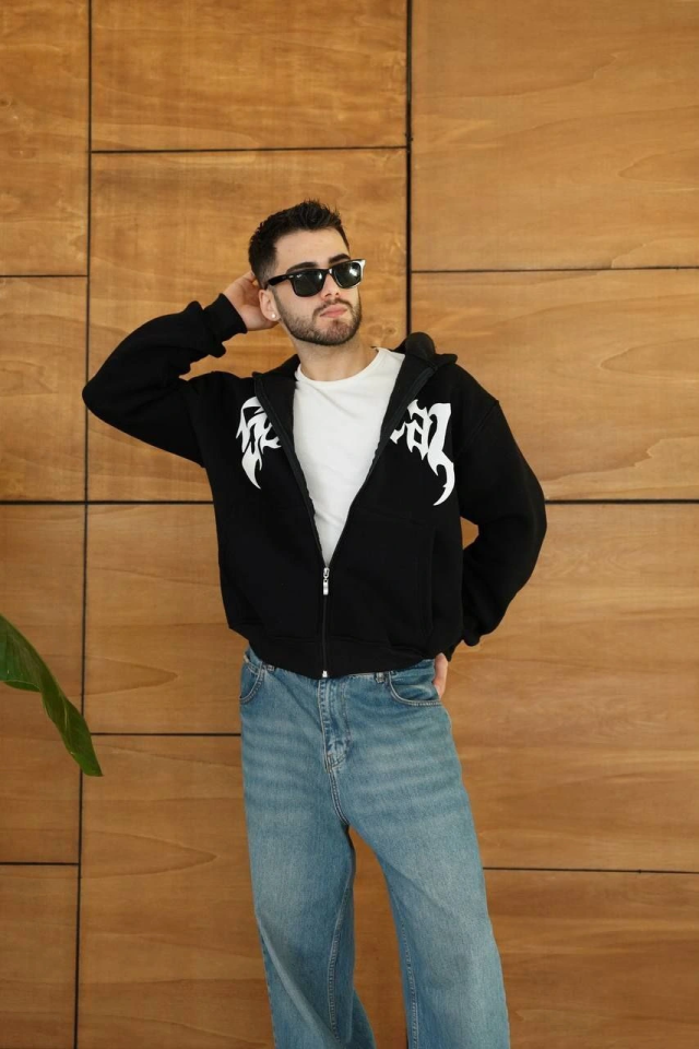Erkek Kapüşonlu Sweatshirt  Hoodie 3 İplik Şardonlu Pamuklu Kumaş, Önü Baskılı, Fermuarlı Rahat Kalıp, Kışlık Ve Sokak Stili Sweat - Siyah (176488)