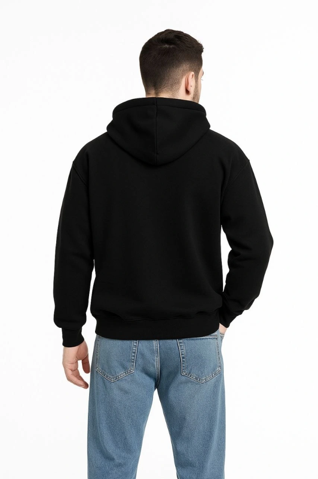 Erkek Kapüşonlu Sweatshirt  Hoodie 3 İplik Şardonlu Pamuklu Kumaş, Önü Baskılı, Fermuarlı Rahat Kalıp, Kışlık Ve Sokak Stili Sweat - Siyah (176488)