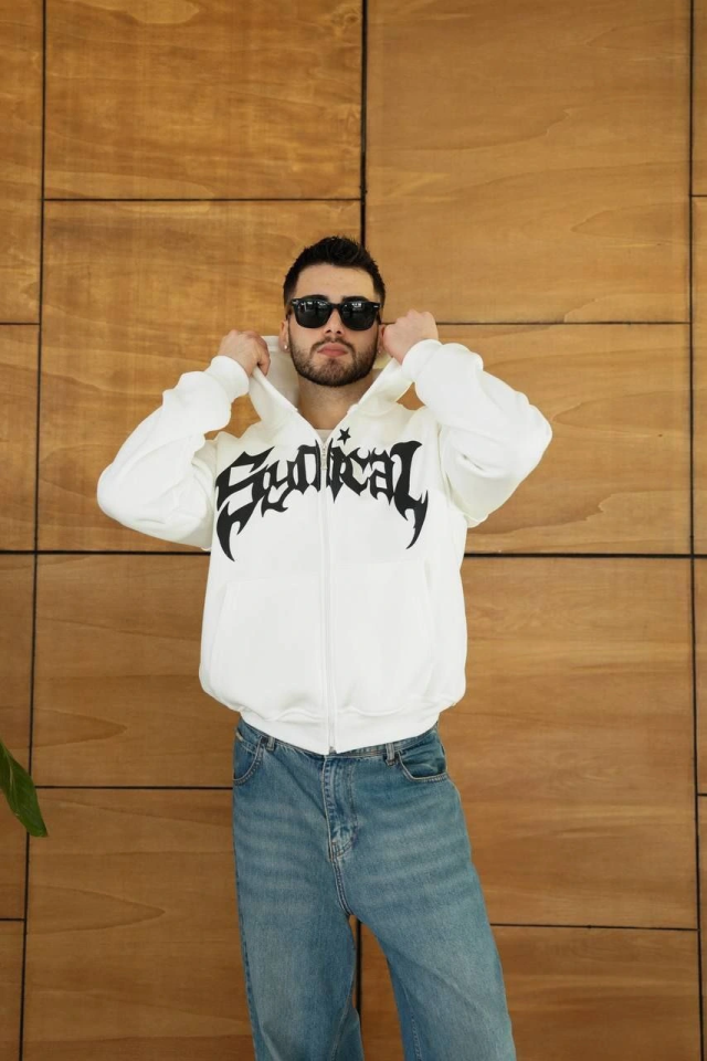 Erkek Kapüşonlu Sweatshirt Hoodie 3 İplik Şardonlu Pamuklu Kumaş, Önü Baskılı, Fermuarlı Rahat Kalıp, Kışlık Ve Sokak Stili Sweat - Beyaz (176489)