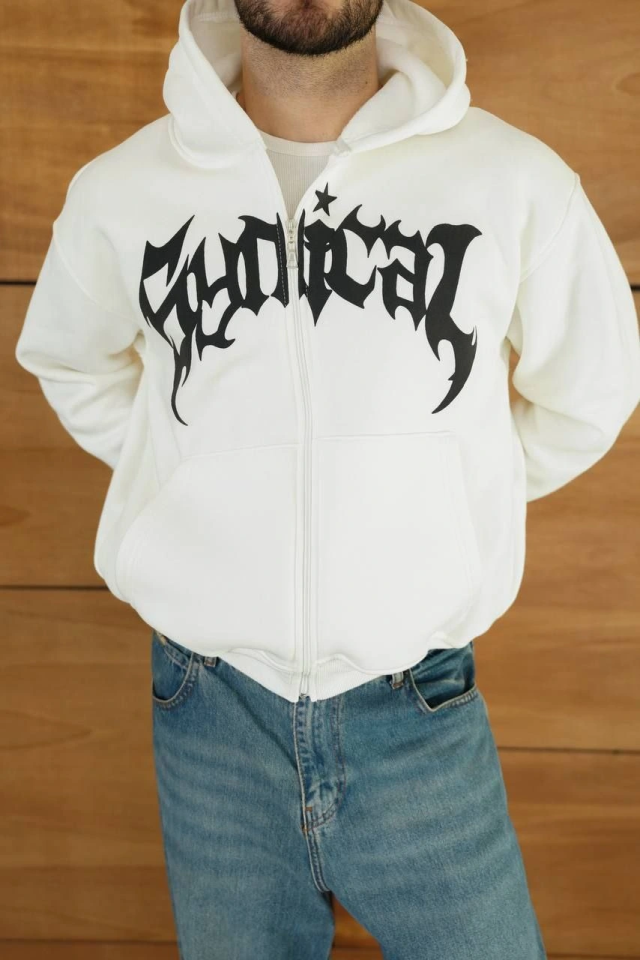 Erkek Kapüşonlu Sweatshirt Hoodie 3 İplik Şardonlu Pamuklu Kumaş, Önü Baskılı, Fermuarlı Rahat Kalıp, Kışlık Ve Sokak Stili Sweat - Beyaz (176489)